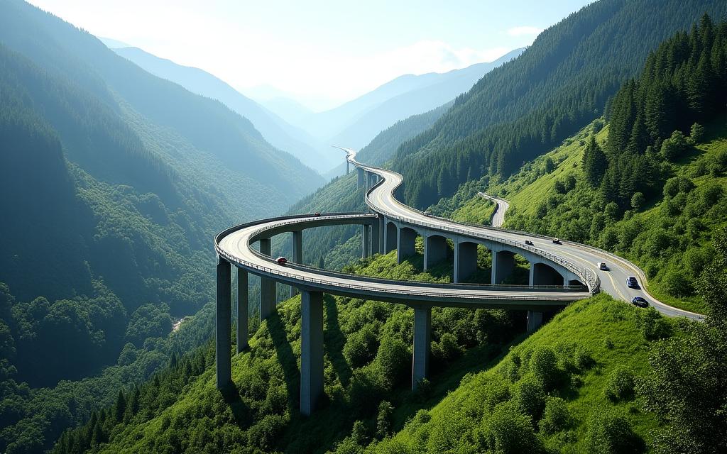 Eine moderne Autobahnbrücke, die sich durch eine grüne Schweizer Tallandschaft schlängelt.