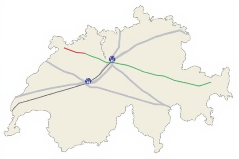 Eine schematische Karte des Schweizer Autobahnnetzes, die die vignettenpflichtigen Strassen hervorhebt.